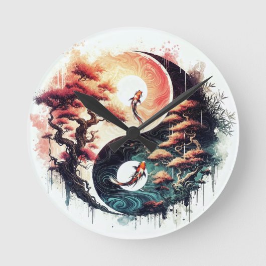 Koi Vis en Tempel Yin Yang Ronde Klok (Voorkant)
