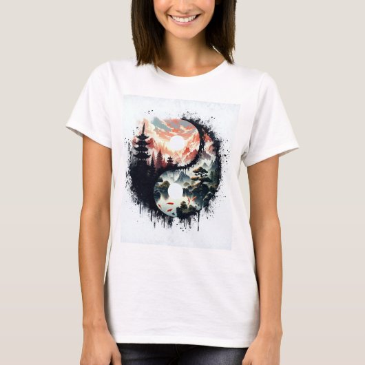 Koi-vis en Tempel Yin Yang T-shirt (Voorkant)