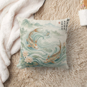 Koi Vis Lotus Inktwaskunst Kussen