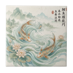 Koi Vis Lotus Inktwaskunst Tegeltje