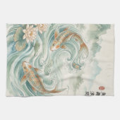 Koi Vis Lotus Inktwaskunst Theedoek (Horizontaal)