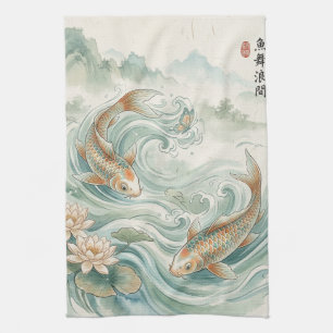 Koi Vis Lotus Inktwaskunst Theedoek