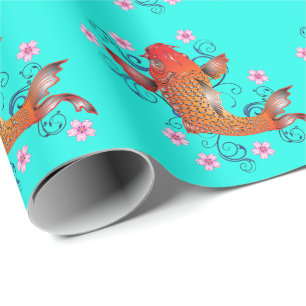 Koi vis oosters bloemig sinaasappel turquoise eleg cadeaupapier