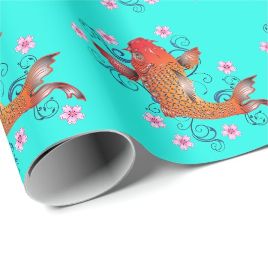 Koi vis oosters bloemig sinaasappel turquoise eleg cadeaupapier (Rol Hoek)