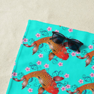 Koi vis oosters bloemig sinaasappel turquoise eleg strandlaken