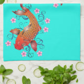 Koi vis oosters bloemig sinaasappel turquoise eleg theedoek (Gevouwen)