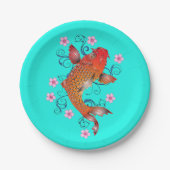 Koi vis oosters oranje turquoise bloemrijk elegant papieren bordje (Voorkant)