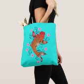 Koi vis oosters sinaasappel turquoise bloemsieraad tote bag (Dichtbij)
