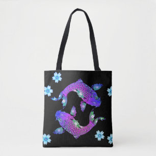 Koi vis oosters yin yang zwart paarse bloemig tote bag