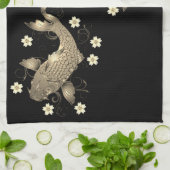 Koi vis oosters zwart en goud bloemig elegant theedoek (Gevouwen)
