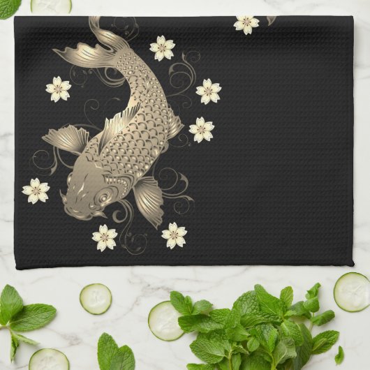 Koi vis oosters zwart en goud bloemig elegant theedoek (Gevouwen)