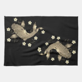 Koi vis oosters zwart en goud bloemig elegant theedoek (Horizontaal)