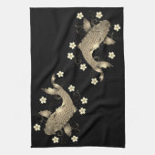 Koi vis oosters zwart en goud bloemig elegant theedoek (Verticaal)