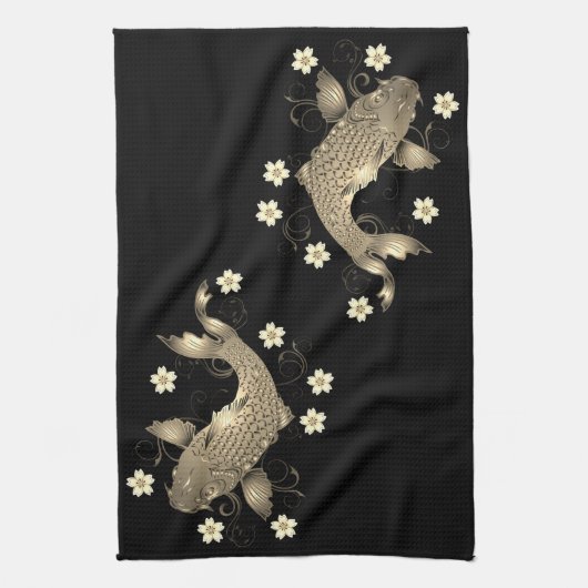 Koi vis oosters zwart en goud bloemig elegant theedoek (Verticaal)