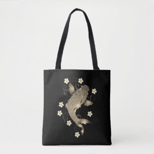 Koi vis oosters zwart en goud bloemig elegant tote bag