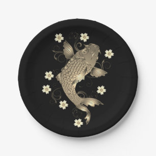 Koi vis oosters zwart en goud bloemrijk elegant papieren bordje