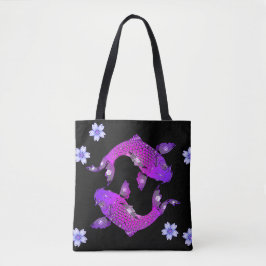 Koi vis oosters zwart paarse yin yang floral tote bag