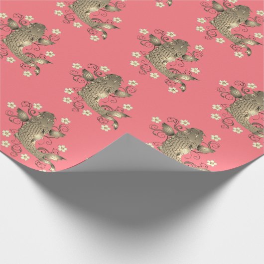 Koi vis perzik en goud oosters bloemig elegant cadeaupapier (Hoek)