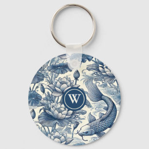 Koi Vis Waterlelie Blauwe Chinoiserie Toile Initia Sleutelhanger