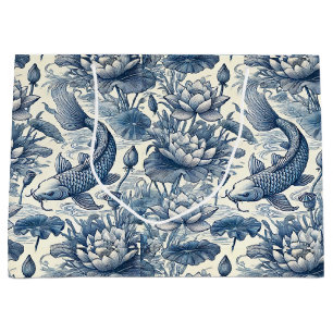 Koi-vissen en waterlelie Blauw Chinoiserie Toile Groot Cadeauzakje