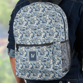 Koi-vissen en Waterlelie Blauwe Chinoiserie Monogr Bedrukte Rugzak