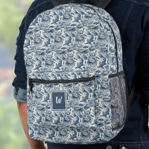 Koi-vissen en Waterlelie Blauwe Chinoiserie Monogr Bedrukte Rugzak