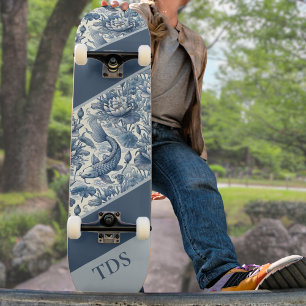 Koi-vissen en Waterlelie Blauwe Chinoiserie Monogr Persoonlijk Skateboard