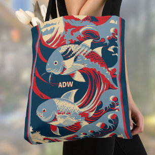 Koi Vissen met Rode Blauwe Groot Golf Monogram Tote Bag