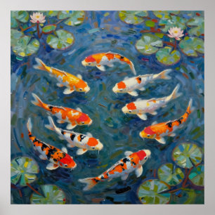Koi Vissen Waterlelies Impressionistische Vijver Poster