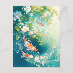 Koi Vissen Zwemmend in een Turquoise Bloemrijke Wa Briefkaart