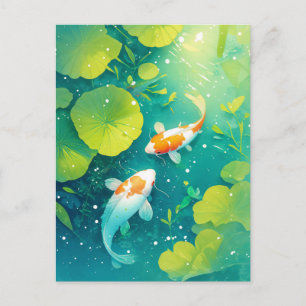 Koi Vissen Zwemmend in een Zonnige Groene Waterlel Briefkaart
