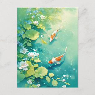 Koi Vissen Zwemmend in Smaragdgroene Watertuin Briefkaart