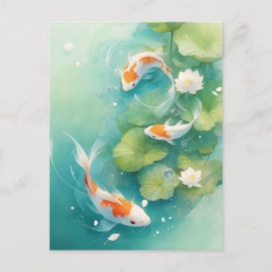 Koi Vissen Zwemmend in Turquoise Lotusvijver Briefkaart