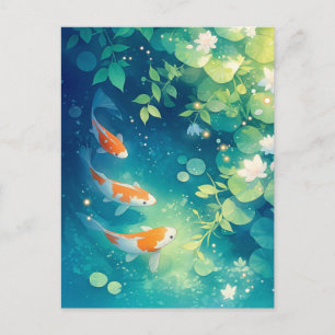 Koi Vissen Zwemmend in Waterplantentuin met Lotusv Briefkaart