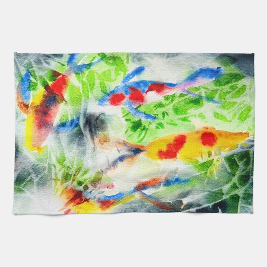 Koi Waterverf vis beeldende kunst Theedoek (Horizontaal)