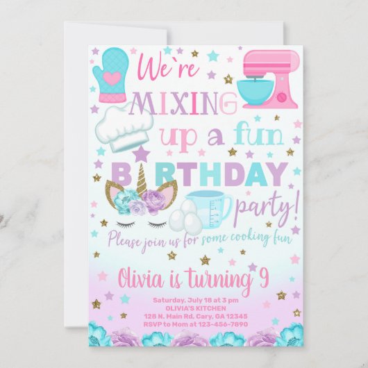 Koken, bakken en eenhoorn meisje verjaardagsuitnod kaart (Voorkant)