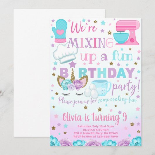 Koken, bakken en eenhoorn meisje verjaardagsuitnod kaart (Voorkant / Achterkant)