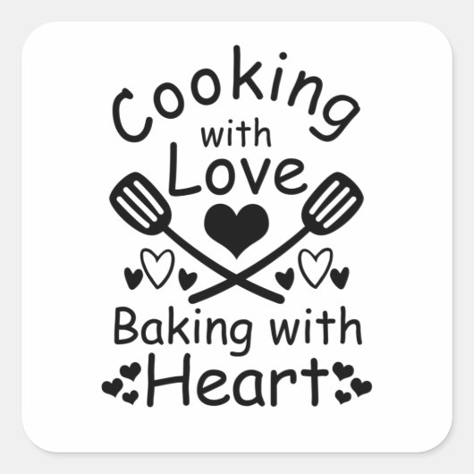 Koken met liefde bakken met hart vierkante sticker (Voorkant)