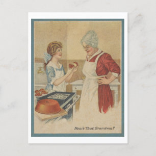 Koken met oma 1920 illustratie van bakken briefkaart