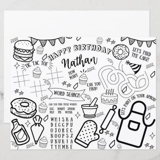 Koken Party Kleurplaat Placemat Baking Little Chef (Voorkant / Achterkant)