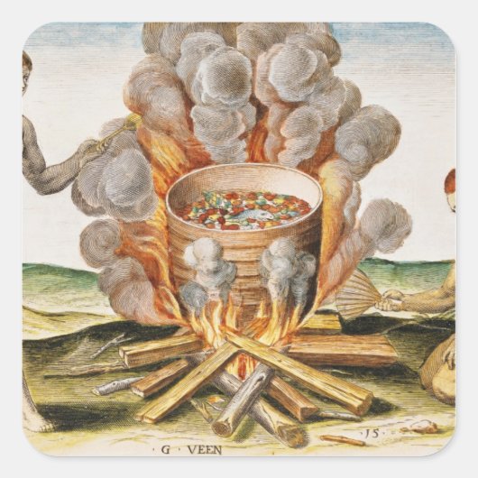 Koken van voedsel in een Terracotta Pot Vierkante Sticker (Voorkant)