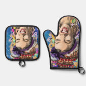 Koken Vrouw Grappige Oven Mitt & Pot Houder Set (Voorkant)