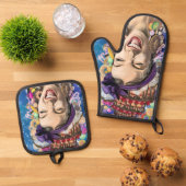 Koken Vrouw Grappige Oven Mitt & Pot Houder Set (Top down)