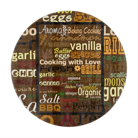 Koken WordArt (ronde) glazen snijplank (Voorkant)