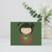 Kokeshi Christmas Wreath Feestdagenkaart (Staand voorkant)