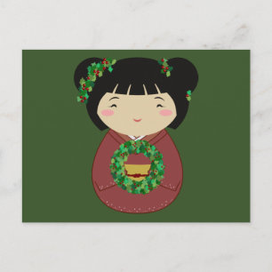 Kokeshi Christmas Wreath Feestdagenkaart