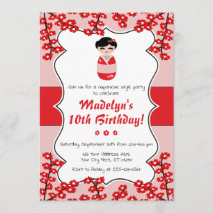 Kokeshi Doll Birthday Uitnodiging Japanse stijl