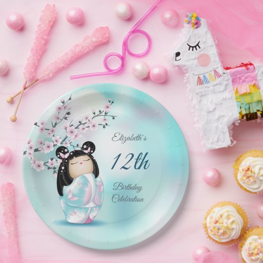 Kokeshi Doll Cherry Blossom | Geestdag meisje Papieren Bordje (Feest)