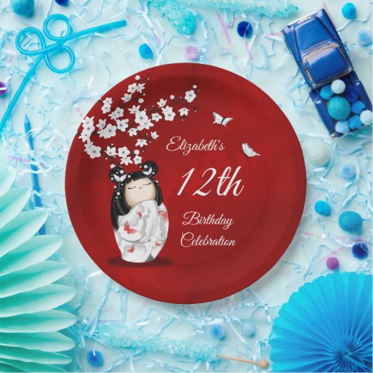 Kokeshi Doll Cherry Blossom | Girl´s Birthday Papieren Bordje (Feest)