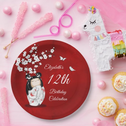 Kokeshi Doll Cherry Blossom | Girl´s Birthday Papieren Bordje (Feest)